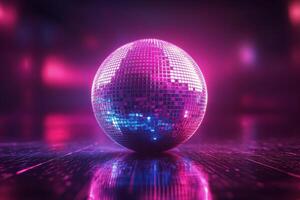 A reflective disco ball in a vibrant forest setting during twilight illuminated by colorful lights photo