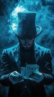 A magician performs a card trick surrounded by shimmering particles in a dimly lit environment photo