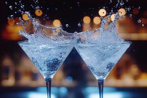 Refreshing cocktails splash in glasses during an elegant evening event at a chic venue photo