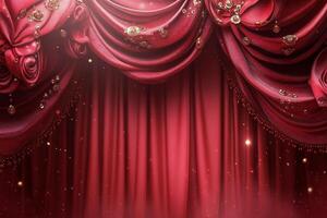 Elegant stage with red curtains and ornate decorations for theatrical performances photo
