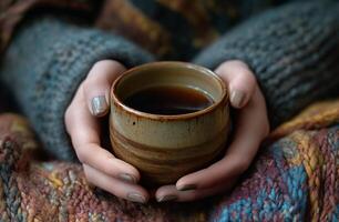 Warm hands cradling a rustic mug of coffee while wrapped in a cozy blanket indoors photo
