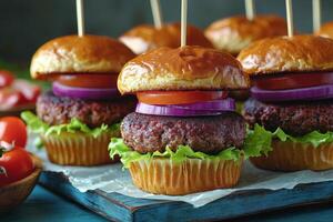 Unique colorful mini burgers with purple patties and fresh vegetables on display on a wooden platter photo