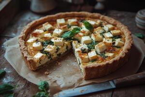Freshly baked savory tart with spinach and cheese on a rustic wooden table photo