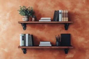 Stylish wooden shelves adorned with books and plants beside a bright orange wall in afternoon light photo