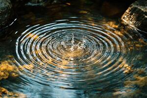 Water droplet creating ripples in a calm, blue surface during a sunny afternoon photo