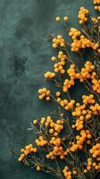 Bright yellow mimosa flowers arranged on a green textured background in a natural setting photo