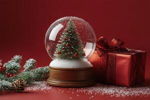 A Christmas snow globe with a tree and a gift placed on a festive red background photo