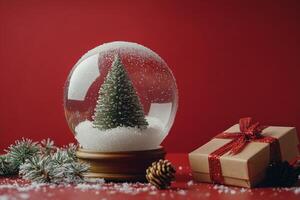 A Christmas snow globe with a tree and a gift placed on a festive red background photo