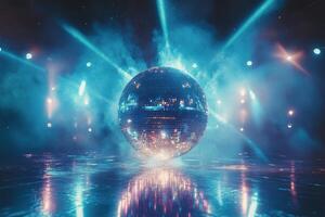 A colorful disco ball reflects vibrant lights in a lively party atmosphere at night photo