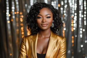 Elegant woman with curly hair poses confidently in a golden jacket against a sparkling background photo