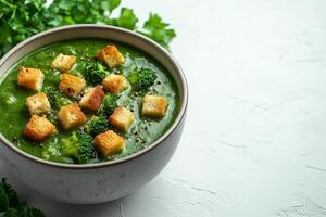 A bowl of creamy broccoli soup topped with croutons and fresh basil leaves photo