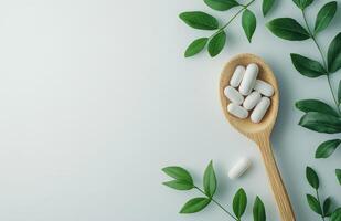 Natural health supplements on a wooden spoon surrounded by green leaves in a tranquil setting photo