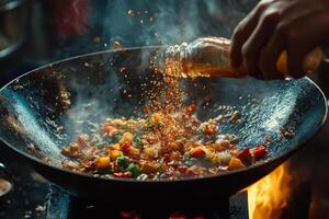Cooking colorful vegetables in a hot wok while adding spices in a bustling kitchen photo