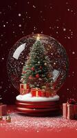 A festive snow globe featuring a decorated Christmas tree and presents set against a red backdrop photo