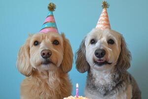 Two golden retrievers celebrate a birthday with a cake and colorful candles in a festive setting photo