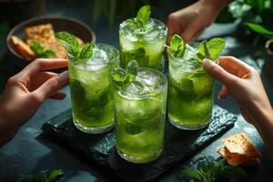 Refreshing mojito cocktails served with fresh mint at a lively gathering in a cozy bar setting photo