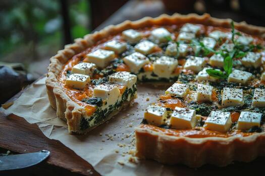 Freshly baked savory tart with spinach and cheese on a rustic wooden table photo