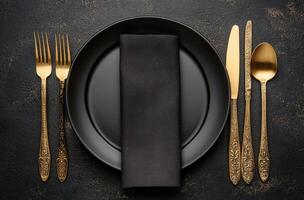 Elegant black dinnerware set with gold utensils arranged on textured surface for dining experience photo