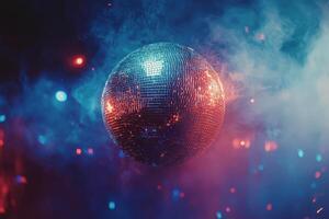 A colorful disco ball reflects vibrant lights in a lively party atmosphere at night photo