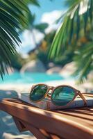 Relaxing under the sun with sunglasses and a book on a beach lounger surrounded by palm trees photo