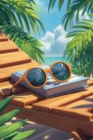 Relaxing under the sun with sunglasses and a book on a beach lounger surrounded by palm trees photo
