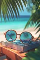 Relaxing under the sun with sunglasses and a book on a beach lounger surrounded by palm trees photo
