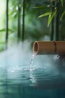Tranquil bamboo water feature flowing into serene blue pond surrounded by lush greenery photo
