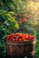 Freshly harvested cherries in a wooden barrel during golden hour in an orchard photo