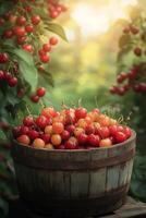 Freshly harvested cherries in a wooden barrel during golden hour in an orchard photo