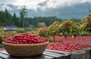 Cherry harvest in a lush orchard surrounded by misty mountains on a tranquil morning photo