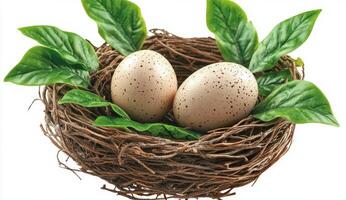 Nest with speckled eggs surrounded by green leaves in a natural setting photo
