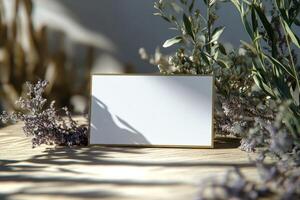 A rectangular gold framed mirror resting on a sunlit windowsill surrounded by greenery photo