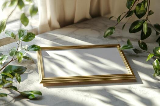 A rectangular gold framed mirror resting on a sunlit windowsill surrounded by greenery photo