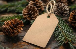 Natural holiday decorations featuring pinecones and a blank tag for personalization during winter photo