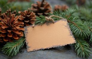 Natural holiday decorations featuring pinecones and a blank tag for personalization during winter photo
