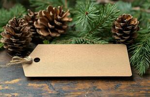Natural holiday decorations featuring pinecones and a blank tag for personalization during winter photo
