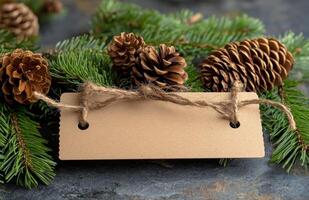 Natural holiday decorations featuring pinecones and a blank tag for personalization during winter photo