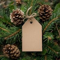 Blank tag surrounded by pine cones and evergreen branches for holiday decoration photo