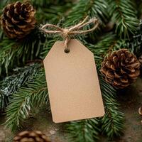 Blank tag surrounded by pine cones and evergreen branches for holiday decoration photo