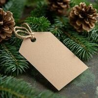 Blank tag surrounded by pine cones and evergreen branches for holiday decoration photo