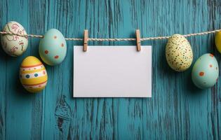 Colorful Easter eggs hanging on a string against a blue wooden backdrop with a blank card photo