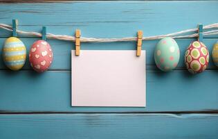 Colorful Easter eggs hanging on a string against a blue wooden backdrop with a blank card photo
