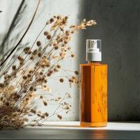 Aromatic essential oil bottle placed on a textured gray surface with dried plants and a dish photo