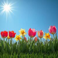 Bright spring flowers bloom under the clear blue sky during a sunny day in a garden photo