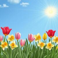 Bright spring flowers bloom under the clear blue sky during a sunny day in a garden photo