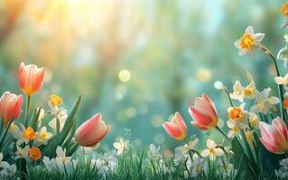 Colorful tulips and vibrant flowers basking in sunlight during a beautiful spring day photo