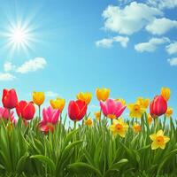 Bright spring flowers bloom under the clear blue sky during a sunny day in a garden photo