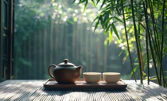 Tranquil morning tea setting with teapot and cups surrounded by lush greenery outdoors photo