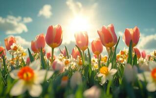 Colorful tulips and vibrant flowers basking in sunlight during a beautiful spring day photo