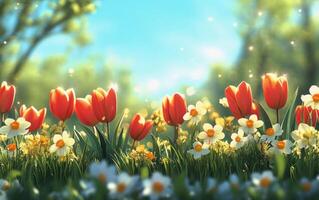 Colorful tulips and vibrant flowers basking in sunlight during a beautiful spring day photo
